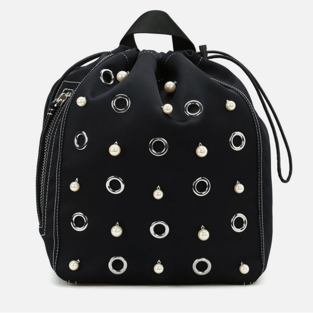 3.1 Phillip Lim Go-Go Faux Pearl and Eyelet Black Satin Drawstring Backpack